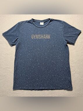 Gymshark Men’s Medium Spell Out Logo T-Shirt Blue Speckled Stretch Athletic Tee